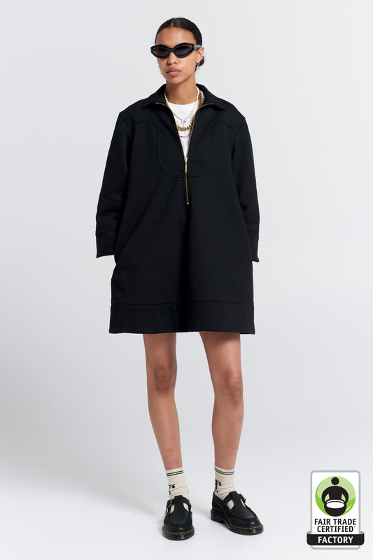 Zip Front Sweatshirt Dress Black