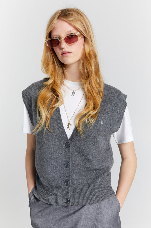 Mina Button Up Cashmere Vest Charcoal Marle