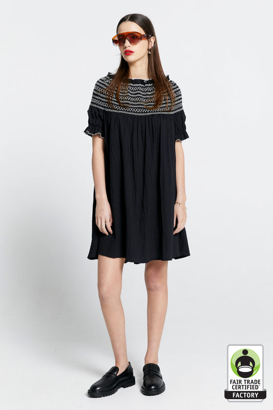 Gaia Smocked Mini Dress Black/Off-White Smocking