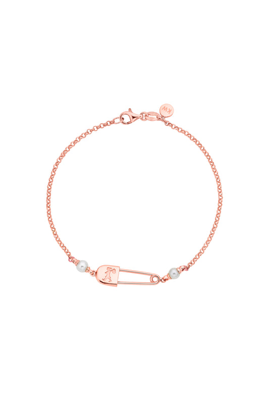 Runaway Safety Pin Bracelet with 2 x 4mm Freshwater Pearls Rose Gold