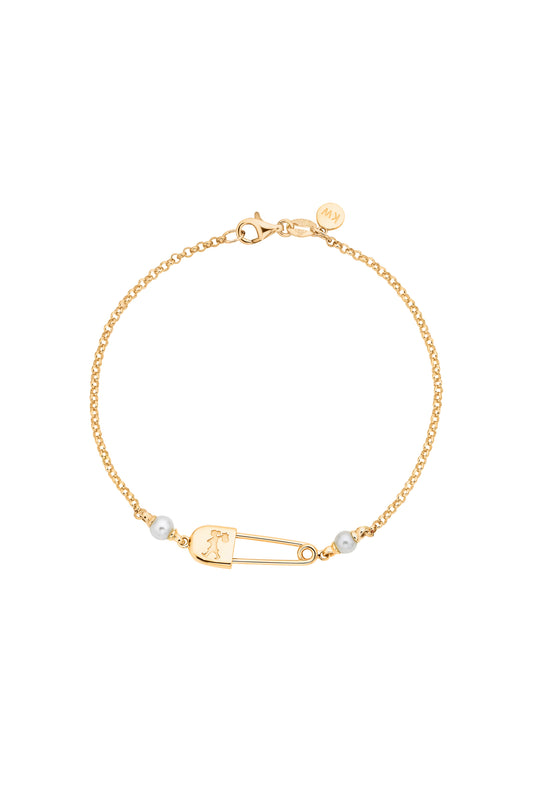 Runaway Safety Pin Bracelet with 2 x 4mm Freshwater Pearls Gold