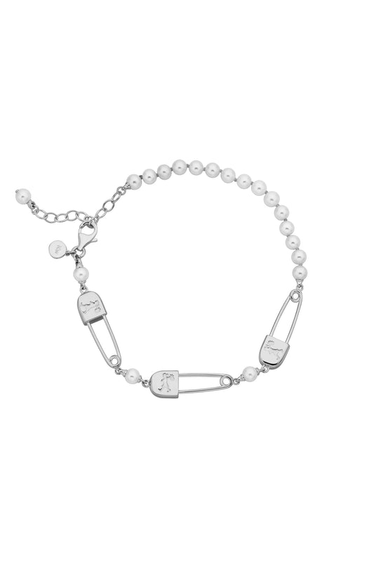 Runaway Safety Pin & Pearls Bracelet with Freshwater Pearls Silver