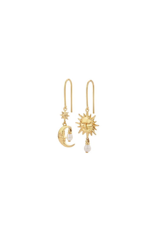 Sun & Moon Earrings with 2 x 5mm Teardrop Freshwater Pearls Gold