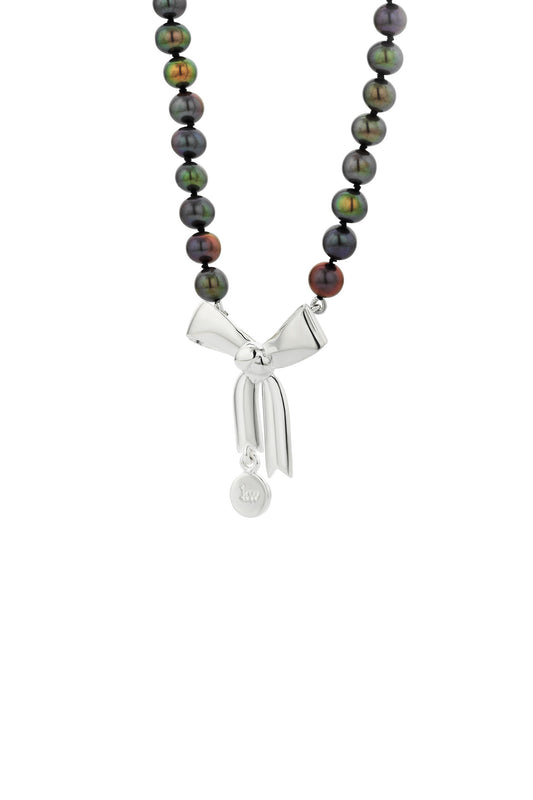 Bow & Pearls Necklace with Dyed Pearls Silver