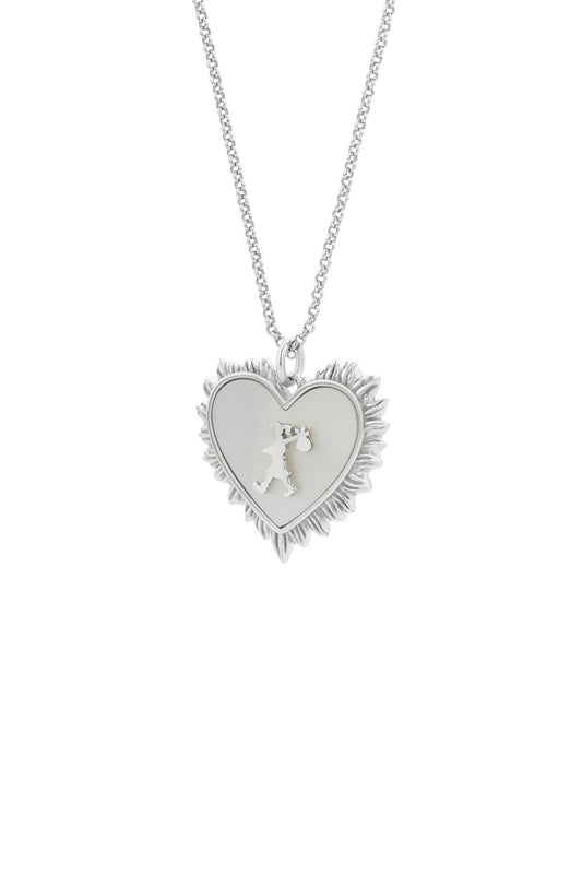 Runaway Flaming Mother-of-Pearl Heart Necklace Silver